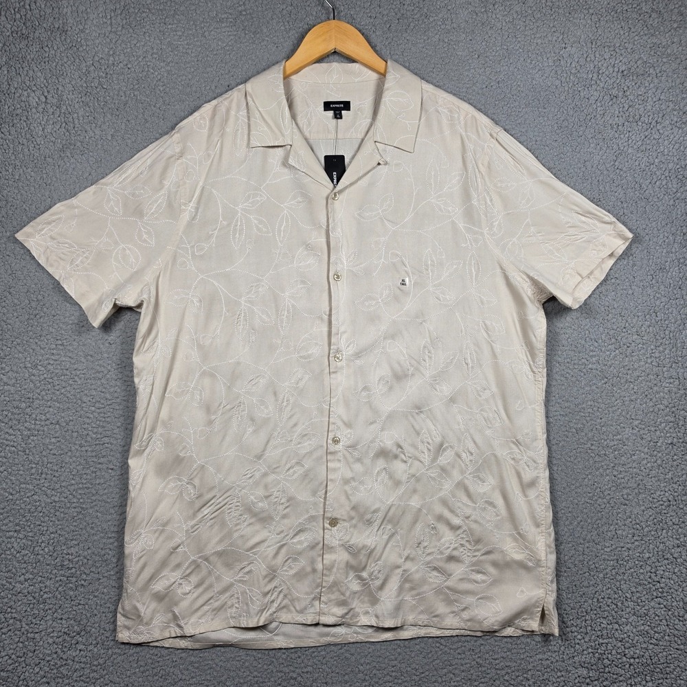 Express‎ Shirt Mens Size XL Beige Open Camp Collar Plant All Over Embroidery NEW